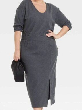 Ava & Viv Charcoal Grey V-Neck Midi Dress Plus Size 2X